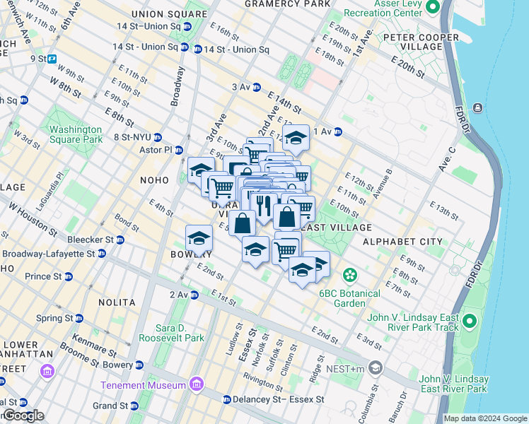 map of restaurants, bars, coffee shops, grocery stores, and more near 117 1st Avenue in New York