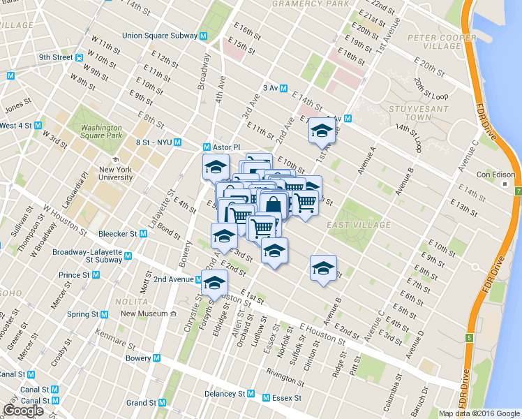 map of restaurants, bars, coffee shops, grocery stores, and more near 331 East 5th Street in New York