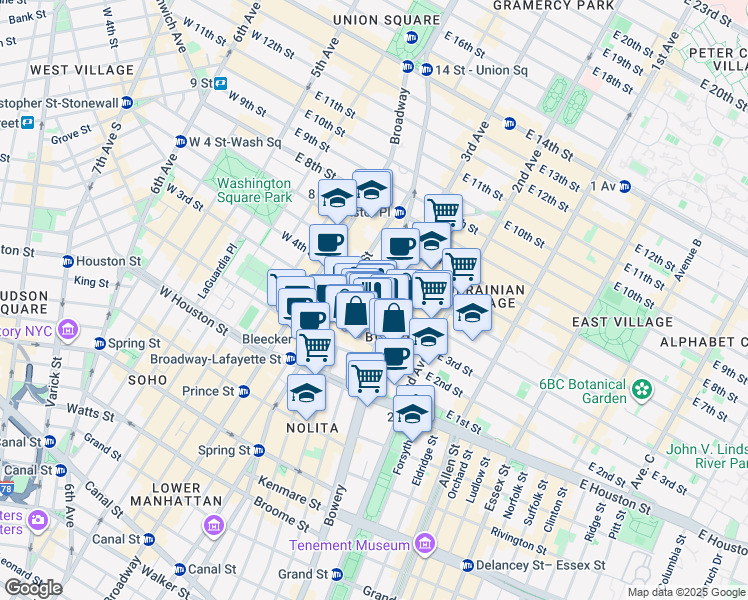 map of restaurants, bars, coffee shops, grocery stores, and more near 348 Bowery in New York
