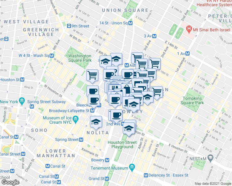 map of restaurants, bars, coffee shops, grocery stores, and more near 348 Bowery in New York
