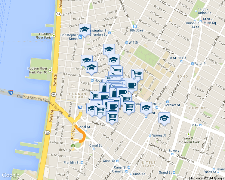 map of restaurants, bars, coffee shops, grocery stores, and more near 144 Sullivan Street in New York