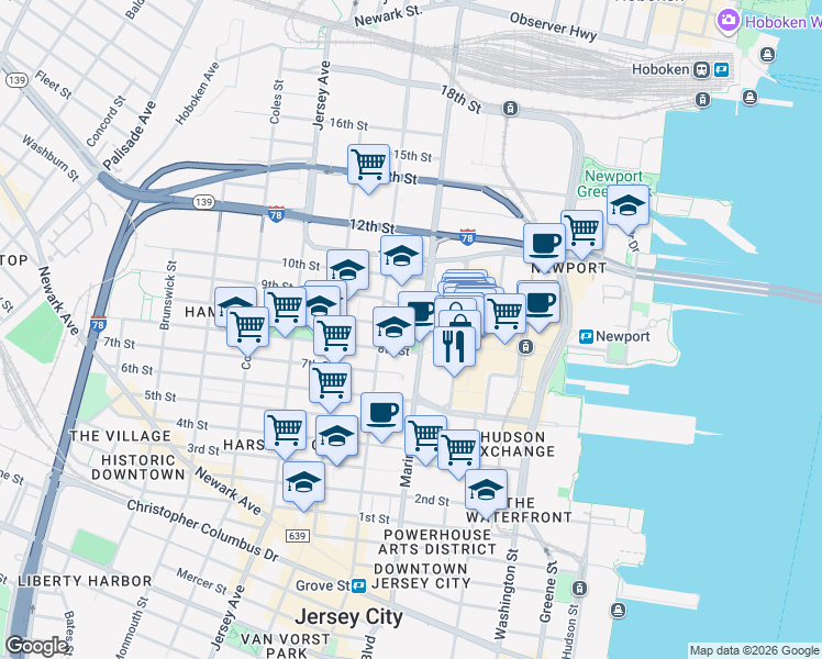 map of restaurants, bars, coffee shops, grocery stores, and more near in Jersey City