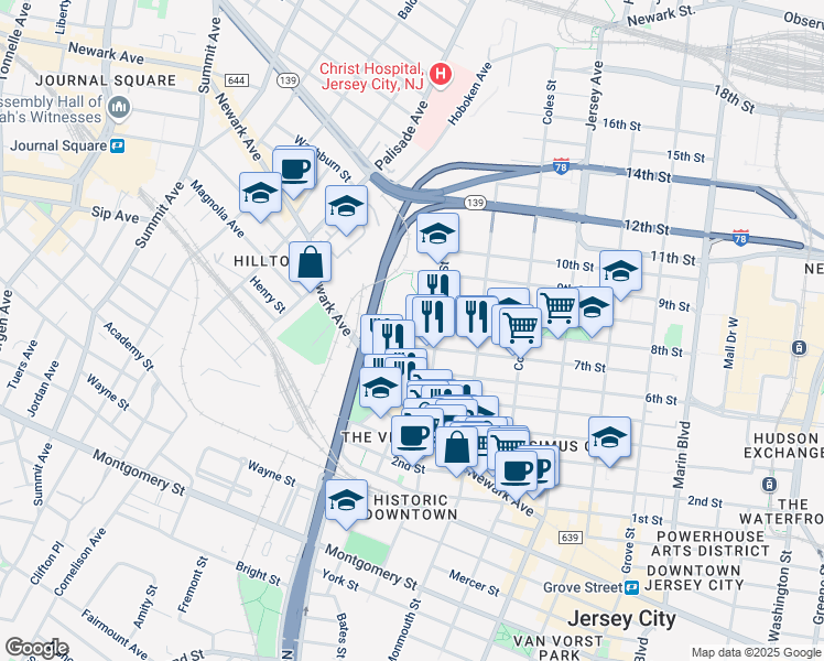 map of restaurants, bars, coffee shops, grocery stores, and more near 189 Brunswick Street in Jersey City