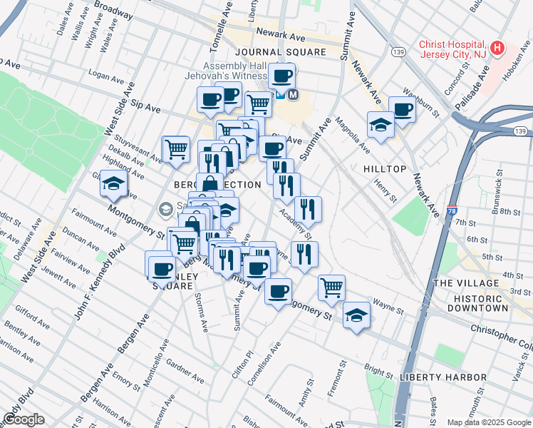 map of restaurants, bars, coffee shops, grocery stores, and more near 325 Summit Avenue in Jersey City