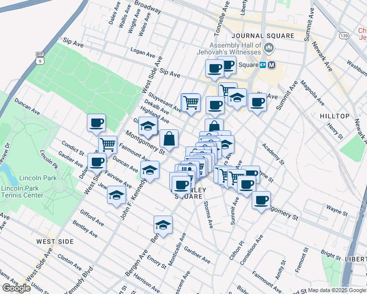 map of restaurants, bars, coffee shops, grocery stores, and more near 808 Montgomery Street in Jersey City