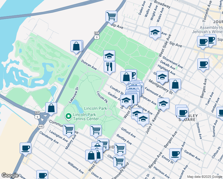 map of restaurants, bars, coffee shops, grocery stores, and more near 63 Gautier Avenue in Jersey City