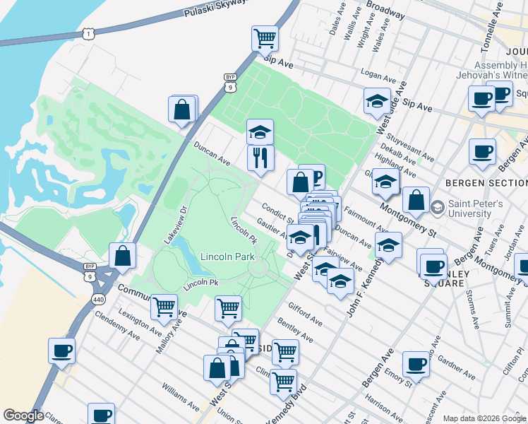 map of restaurants, bars, coffee shops, grocery stores, and more near 63 Gautier Avenue in Jersey City