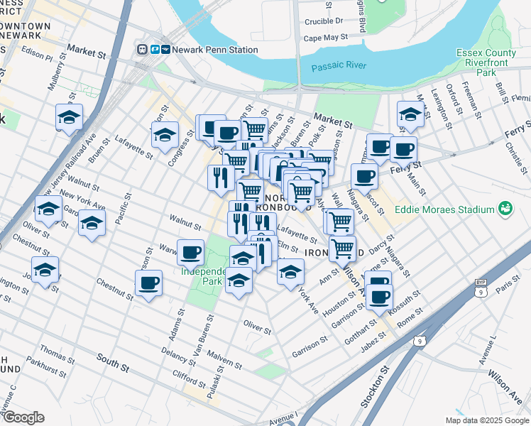 map of restaurants, bars, coffee shops, grocery stores, and more near 360 Lafayette Street in Newark