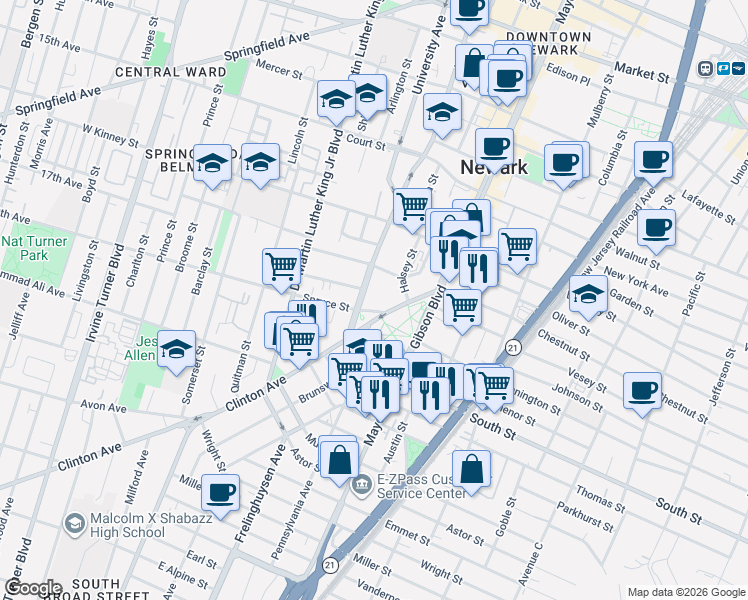 map of restaurants, bars, coffee shops, grocery stores, and more near 50-72 Lincoln Park in Newark