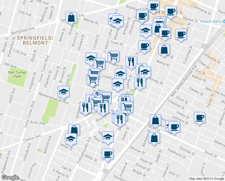 map of restaurants, bars, coffee shops, grocery stores, and more near 71 Lincoln Park in Newark