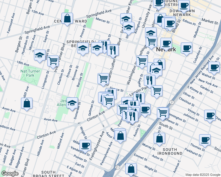 map of restaurants, bars, coffee shops, grocery stores, and more near 55 Spruce Street in Newark
