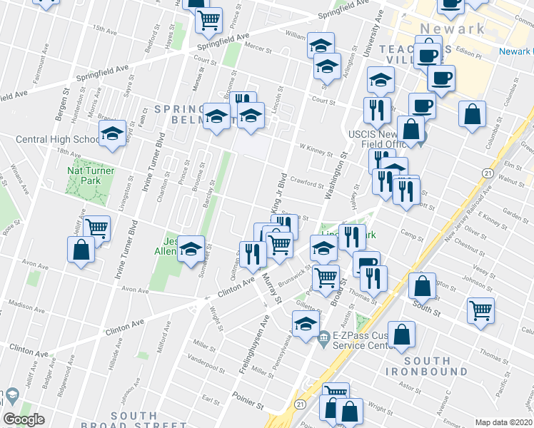 map of restaurants, bars, coffee shops, grocery stores, and more near 751 Doctor Martin Luther King Junior Boulevard in Newark