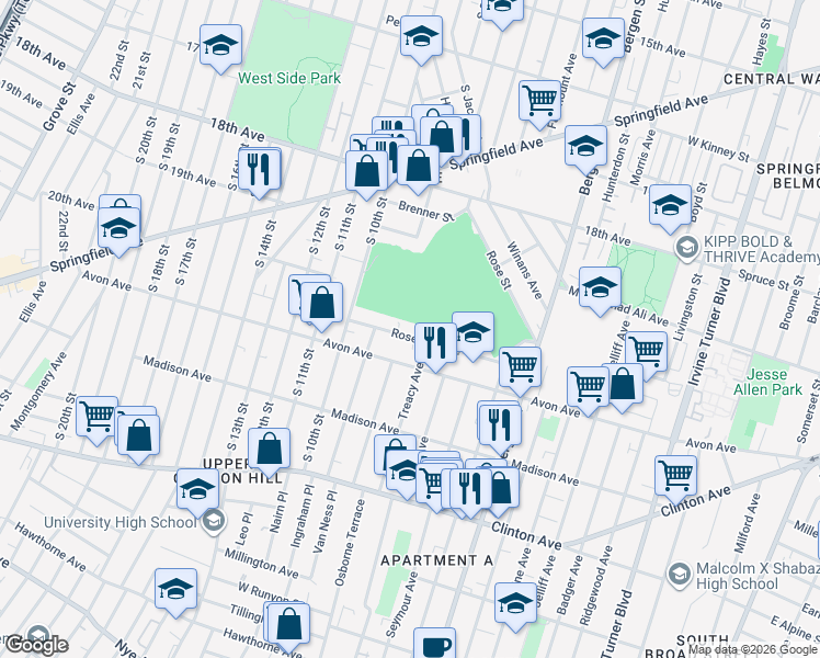 map of restaurants, bars, coffee shops, grocery stores, and more near 297 Avon Avenue in Newark