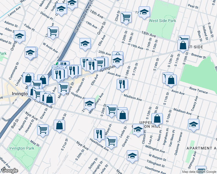 map of restaurants, bars, coffee shops, grocery stores, and more near 862 South 20th Street in Newark