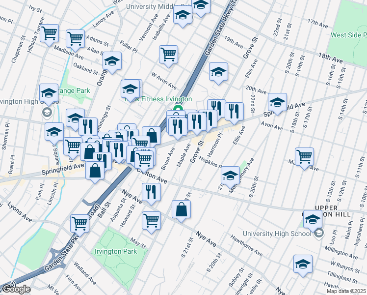 map of restaurants, bars, coffee shops, grocery stores, and more near 45 Maple Avenue in Irvington
