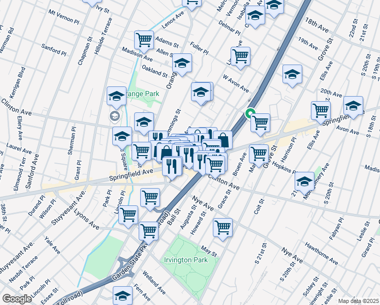 map of restaurants, bars, coffee shops, grocery stores, and more near in Irvington