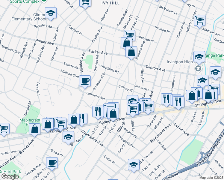 map of restaurants, bars, coffee shops, grocery stores, and more near 61 Franklin Terrace in Irvington