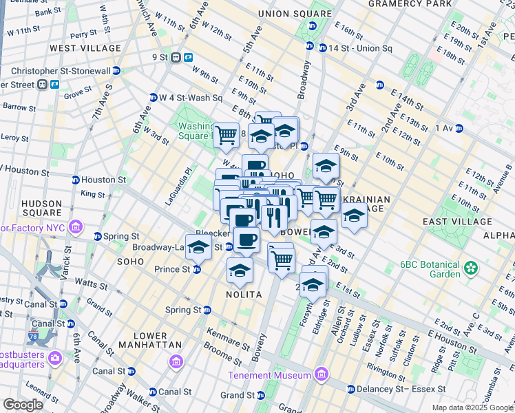 map of restaurants, bars, coffee shops, grocery stores, and more near 30 Bond Street in New York
