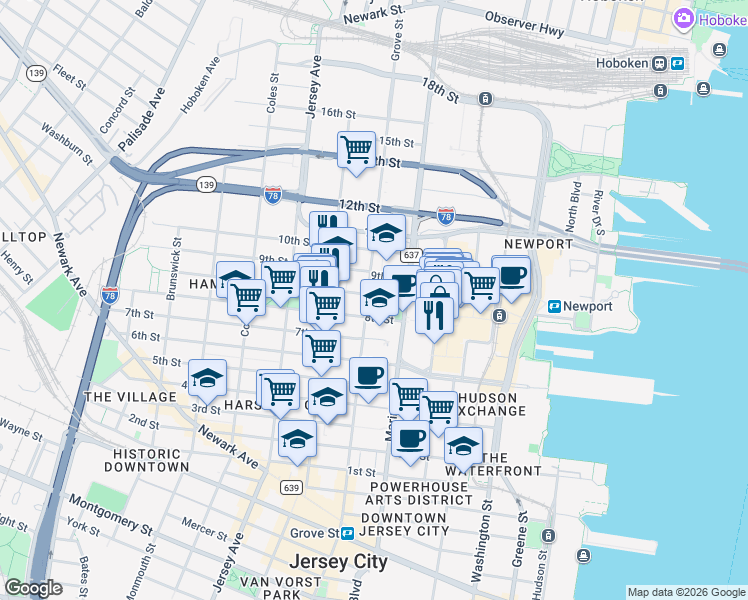 map of restaurants, bars, coffee shops, grocery stores, and more near 500 Manila Avenue in Jersey City