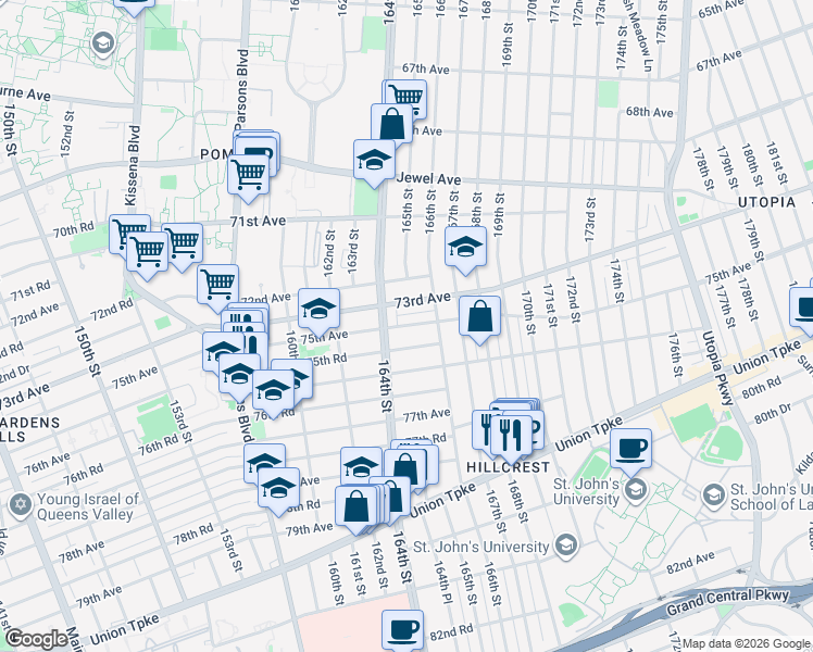 map of restaurants, bars, coffee shops, grocery stores, and more near 16439 75th Avenue in Queens