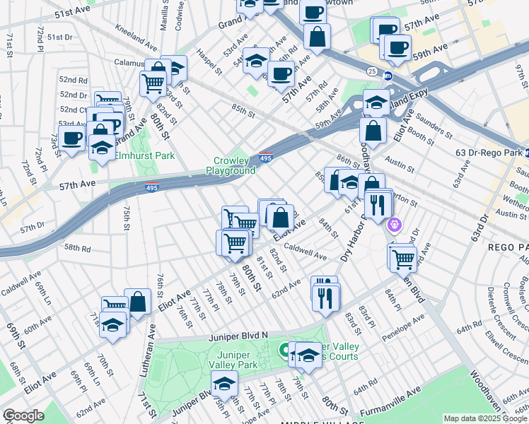 map of restaurants, bars, coffee shops, grocery stores, and more near 82-22 60th Avenue in Queens