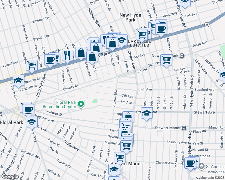 map of restaurants, bars, coffee shops, grocery stores, and more near 578 7th Avenue in New Hyde Park