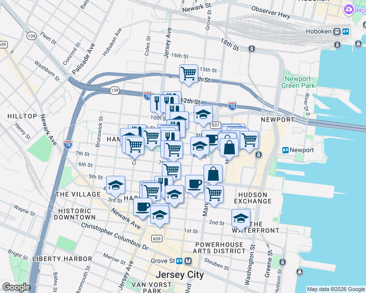 map of restaurants, bars, coffee shops, grocery stores, and more near in Jersey City