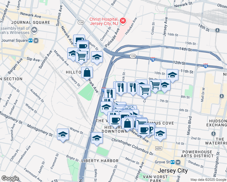 map of restaurants, bars, coffee shops, grocery stores, and more near 342 7th Street in Jersey City