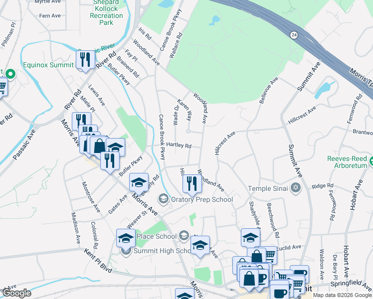 map of restaurants, bars, coffee shops, grocery stores, and more near 58 Beverly Road in Summit