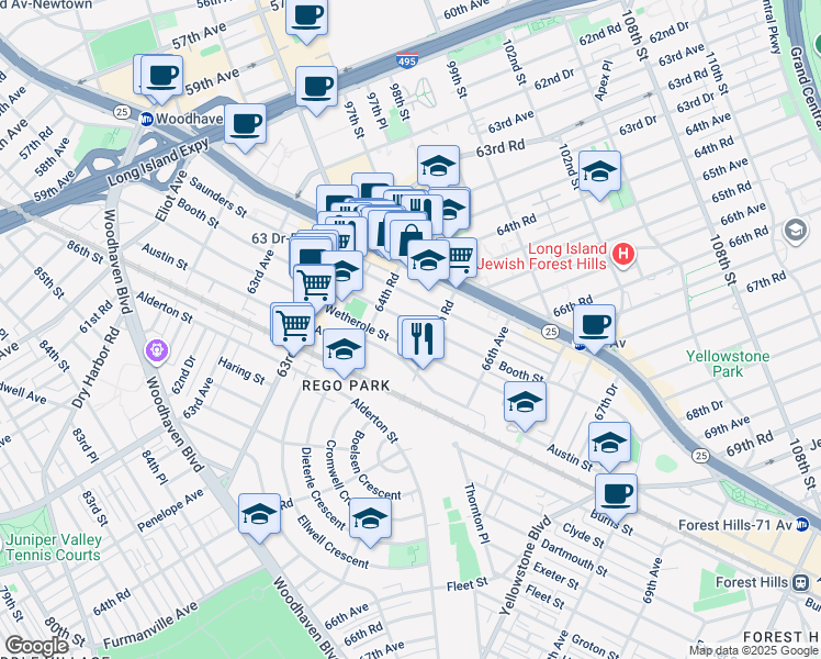 map of restaurants, bars, coffee shops, grocery stores, and more near 64-86 Wetherole Street in Queens