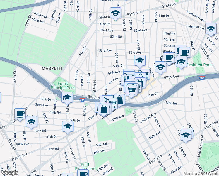 map of restaurants, bars, coffee shops, grocery stores, and more near 66-37 Clinton Avenue in Queens