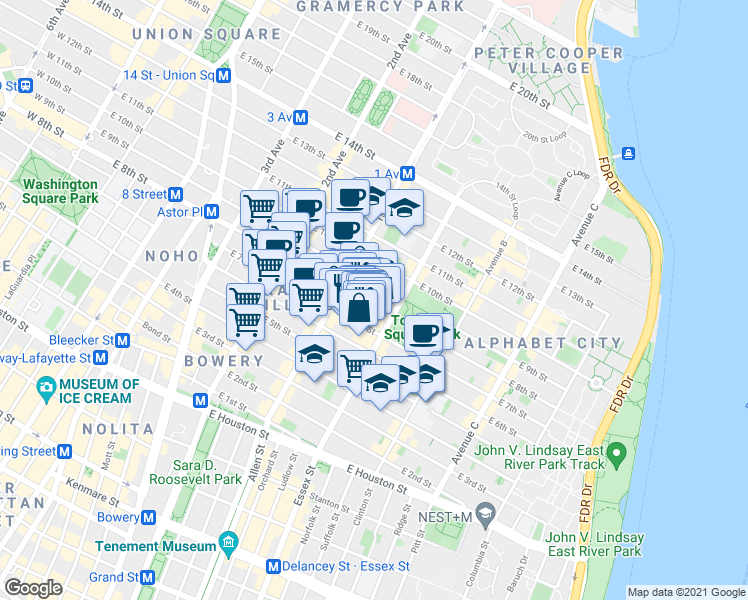 map of restaurants, bars, coffee shops, grocery stores, and more near 113 East 7th Street in New York