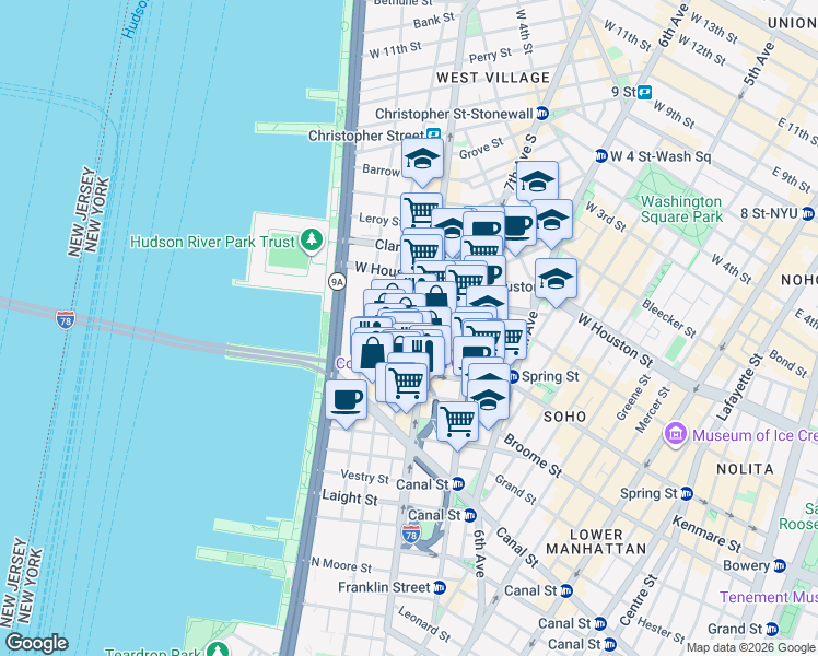map of restaurants, bars, coffee shops, grocery stores, and more near 102 Charlton Street in New York