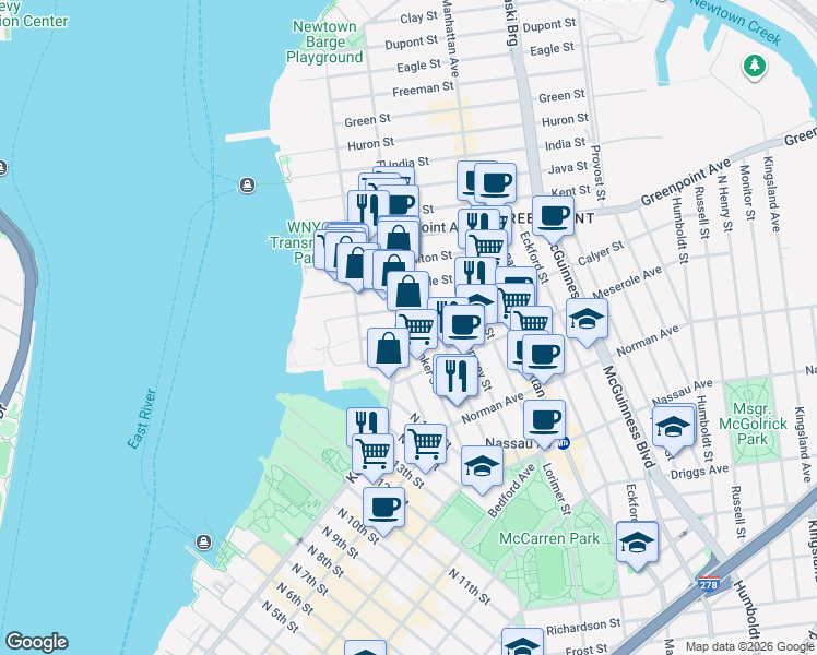 map of restaurants, bars, coffee shops, grocery stores, and more near 61 Franklin Street in Brooklyn