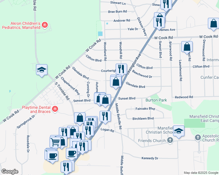 map of restaurants, bars, coffee shops, grocery stores, and more near 656 Sunset Boulevard in Mansfield