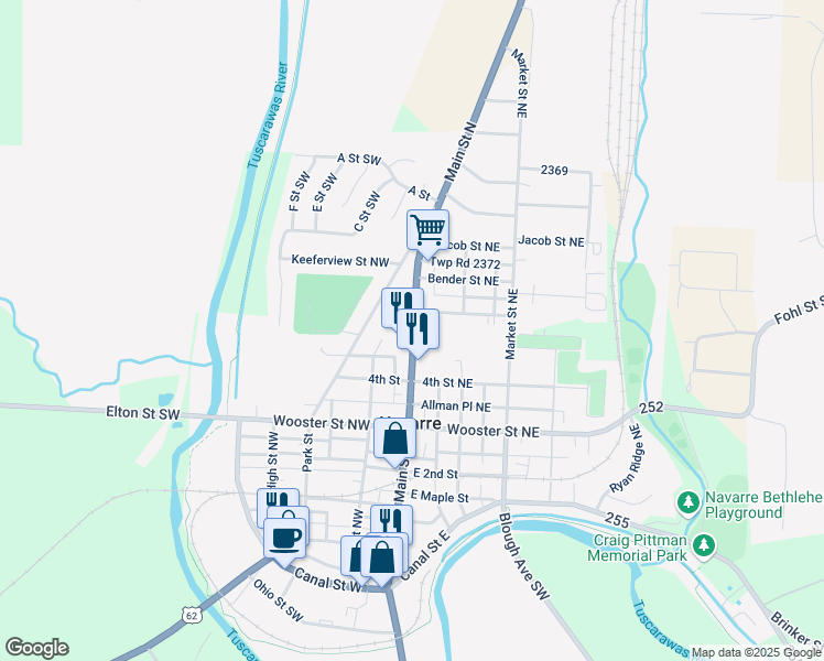 map of restaurants, bars, coffee shops, grocery stores, and more near 555 North Main Street in Navarre