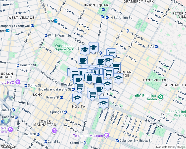 map of restaurants, bars, coffee shops, grocery stores, and more near 348 Bowery in New York