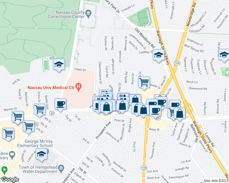 map of restaurants, bars, coffee shops, grocery stores, and more near 82 Pengon Circle in East Meadow
