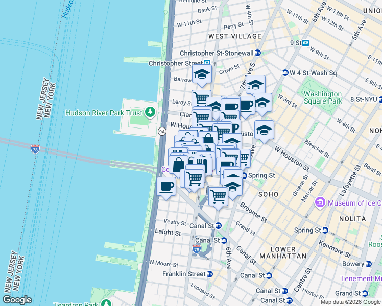 map of restaurants, bars, coffee shops, grocery stores, and more near 110 Charlton Street in New York