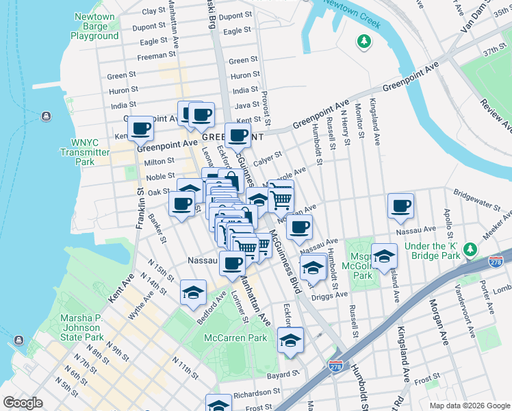 map of restaurants, bars, coffee shops, grocery stores, and more near 208 Eckford Street in Brooklyn