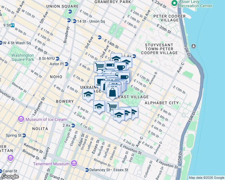 map of restaurants, bars, coffee shops, grocery stores, and more near 102 St Marks Pl in New York