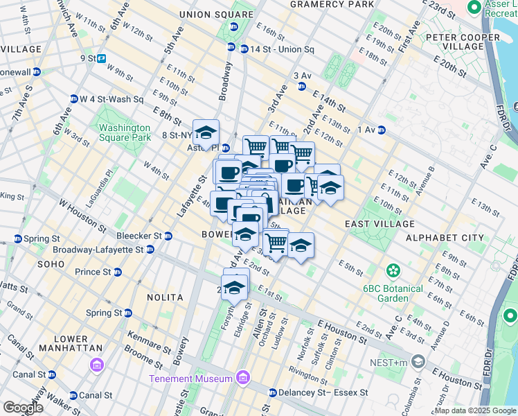 map of restaurants, bars, coffee shops, grocery stores, and more near 95 2nd Avenue in New York