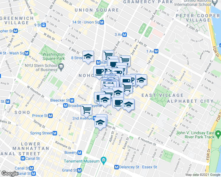 map of restaurants, bars, coffee shops, grocery stores, and more near 82 2nd Avenue in New York