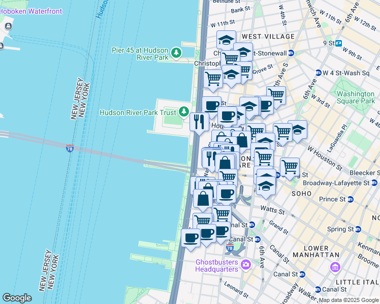 map of restaurants, bars, coffee shops, grocery stores, and more near 92 Hudson River Greenway in New York