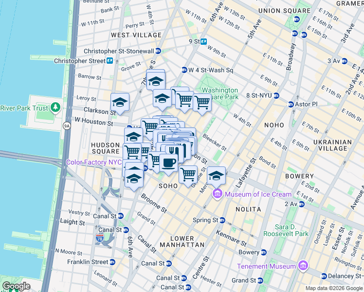 map of restaurants, bars, coffee shops, grocery stores, and more near W Houston St & Thompson St in New York