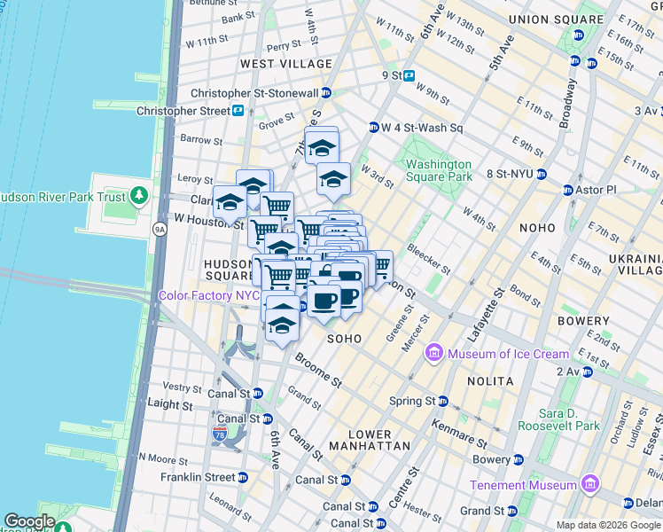 map of restaurants, bars, coffee shops, grocery stores, and more near 48 MacDougal Street in New York