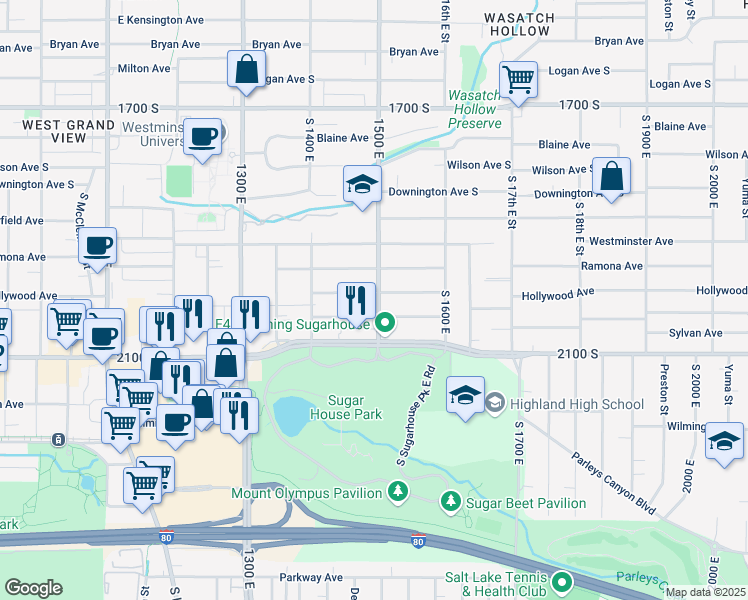 map of restaurants, bars, coffee shops, grocery stores, and more near 1933 1500 East in Salt Lake City