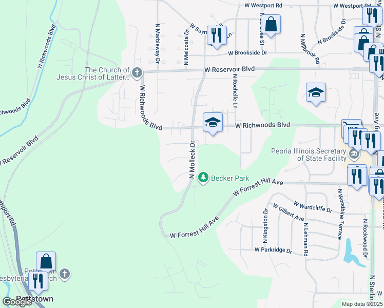 map of restaurants, bars, coffee shops, grocery stores, and more near 3224 North Molleck Drive in Peoria