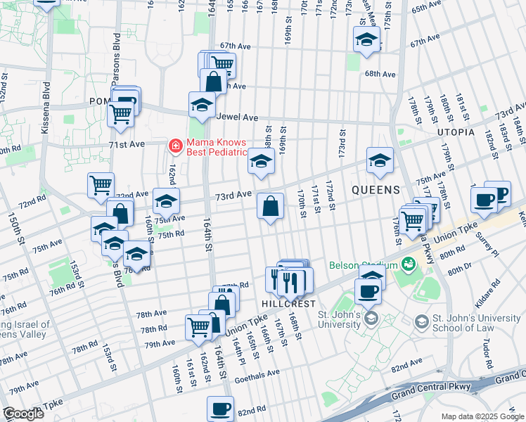 map of restaurants, bars, coffee shops, grocery stores, and more near 75-03 167th Street in Queens