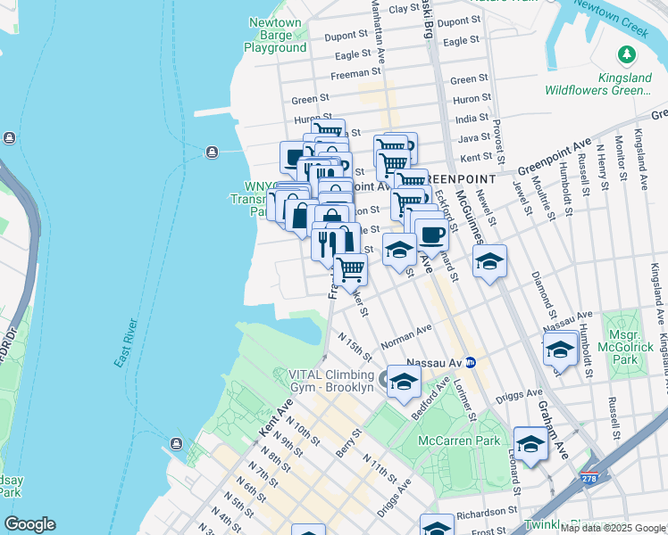 map of restaurants, bars, coffee shops, grocery stores, and more near 85 Oak Street in Brooklyn